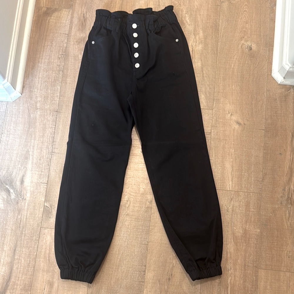 Women’s black, high waisted, paper bag, button up, Express skinny jeans